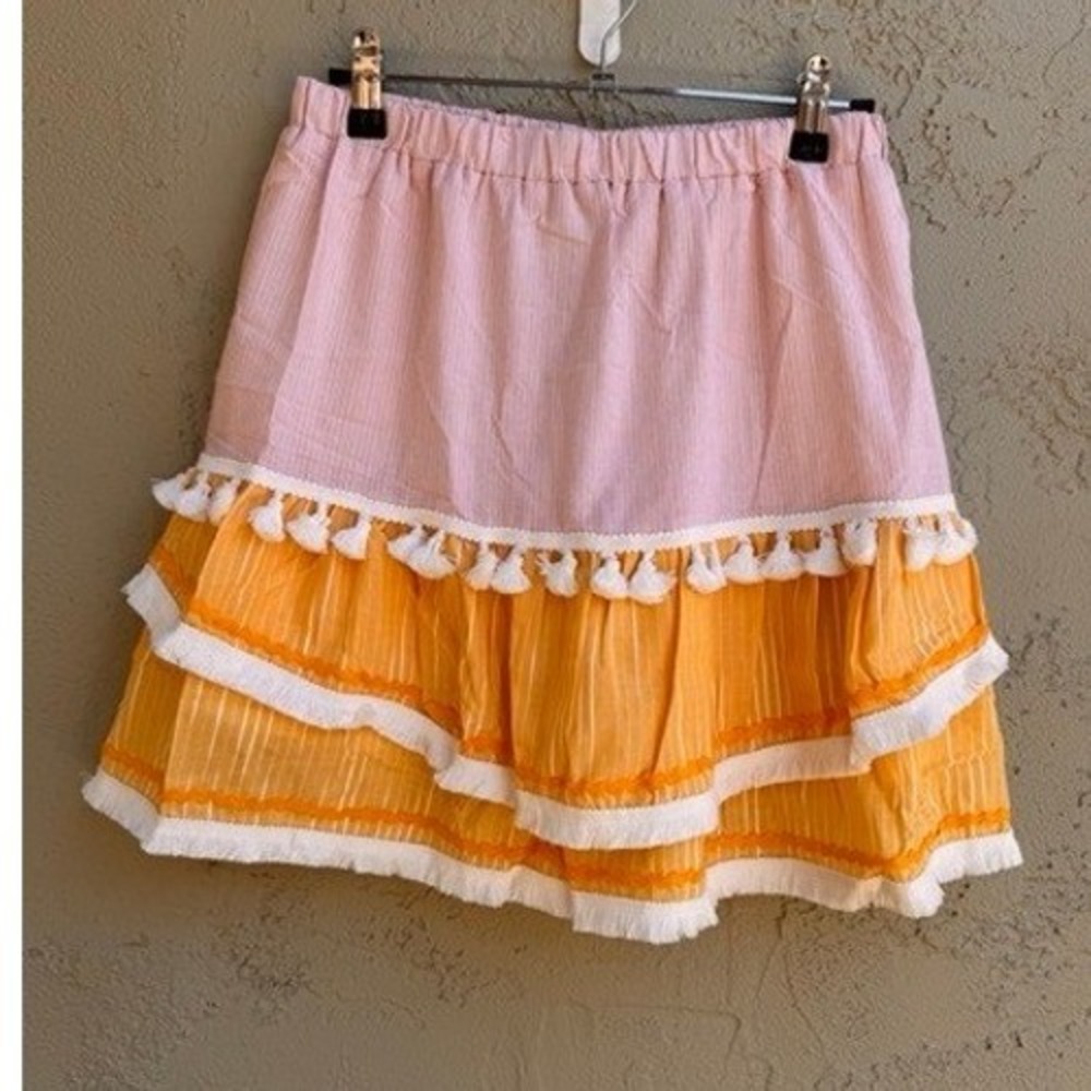 English Factory NEW Pink Yellow Tassel Embellished Tiered Mini Skirt SMALL Boho